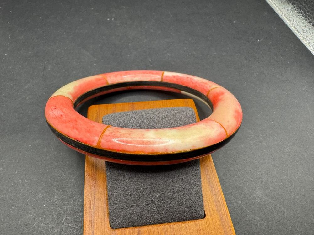 Vintage Marble Coral Stone Bangle Bracelet with Black Inlay 63.3mm